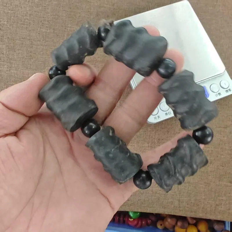 Unisex Folk‑style Talisman Bracelet Antique Matte Black Tube Beads Carved Pattern Personality Good‑luck Wrist Ornament