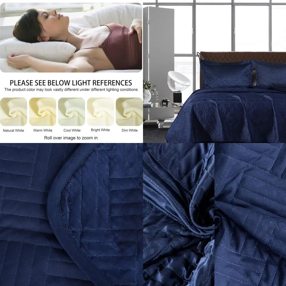 

Комплект постельного белья King Silk Satin, геометрическое стеганое покрывало класса люкс для всех сезонов (1 одеяло, 2 наволочки), темно-синий