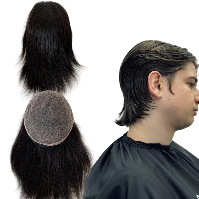 

10 inches Brazilian Virgin Human Hair Replacement #1b Black 8x10 Toupee Full Lace Units for White Men