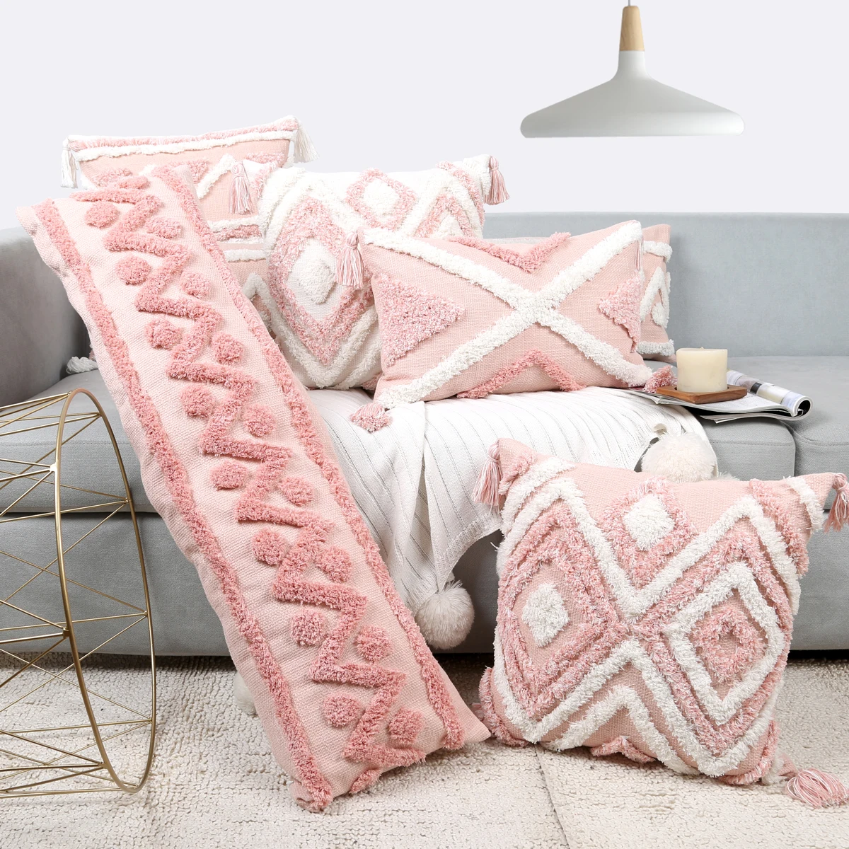 1Pc Pink Tufted Throw Pillow Covers,Geometric Pattern Decorative Pillow Cases with Tassels for Couch Sofa Bedroom Living Room