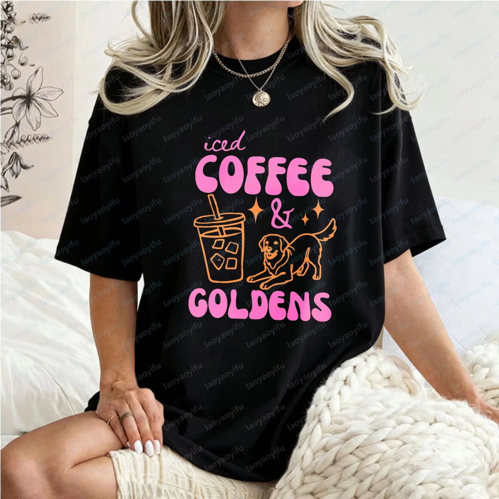 Cute Golden Retriever Cotton Tee Coffee & Goldens T-Shirt for Women Pet Parent Streetwear Coffee Lover Gift Summer Dog Mom Shirt