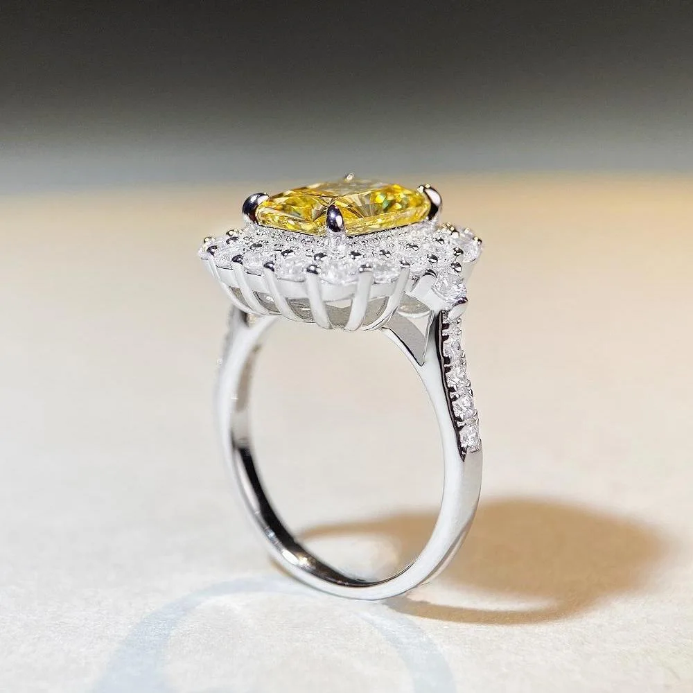 S925 Silver Ring Square Radian Cut Yellow Zircon Set Personalized Fashion Versatile Ring Boutique Jewelry for Women