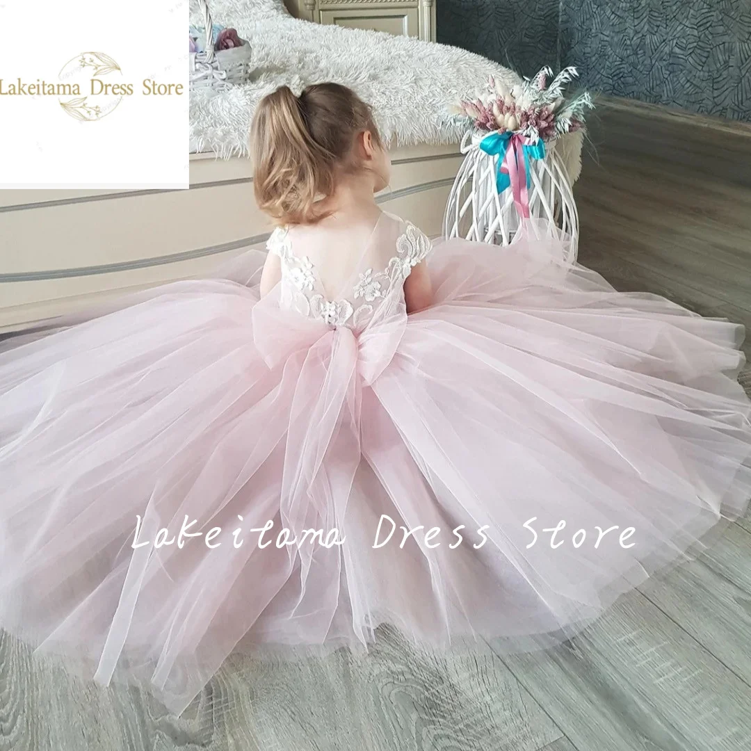 Princess Flower Girl Dress For Wedding Pink Applique Tulle Sleeveless With Pearls Kids Birthday Party Evening Ball Gown