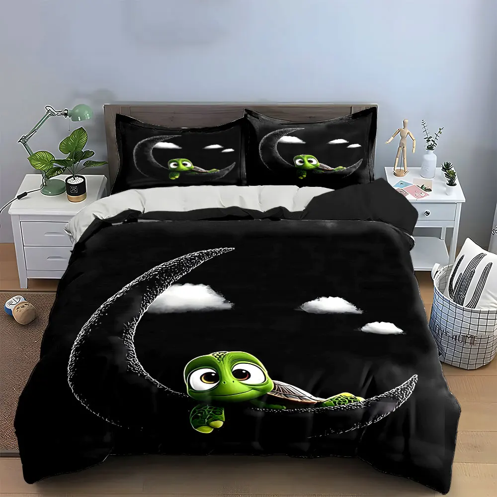3Pcs Magical Night Bedding Set, Cute Turtle Resting on a Crescent Moon Print Duvet Cover, Whimsical Kids Bedroom Decor