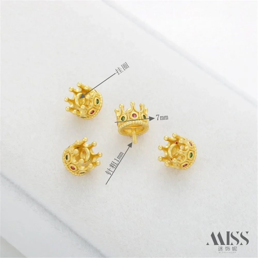 18K Matte Gold Color-preserving Zircon Crown with Pin Pendant DIY Handmade Bracelet Half-hole Gemstone Pearl Jewelry Accessories