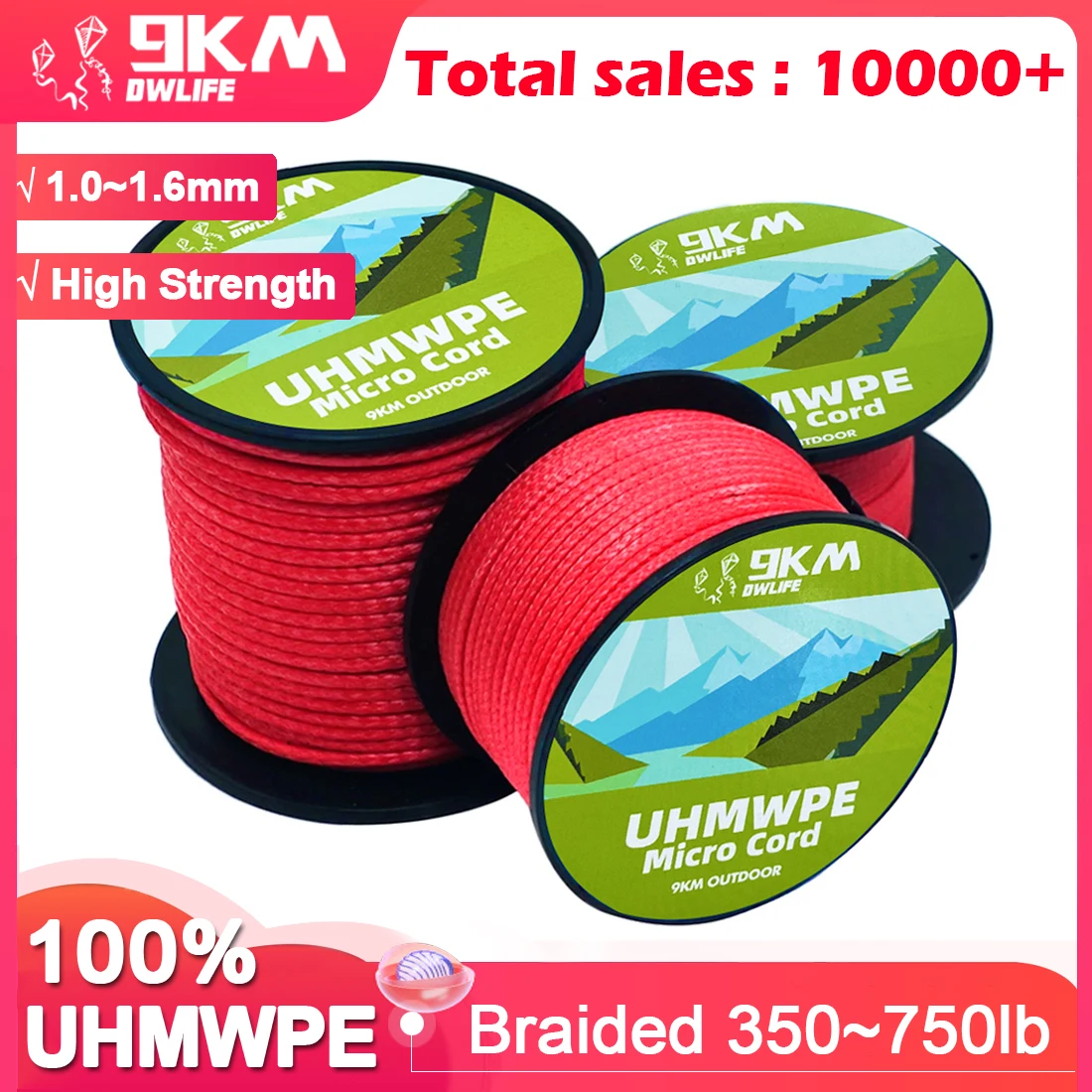 UHMWPE-cable hueco trenzado resistente a la abrasión, 1,0-1,6mm, empalmable para tienda de campaña, hamaca para Power Kite, Camping, mochilero