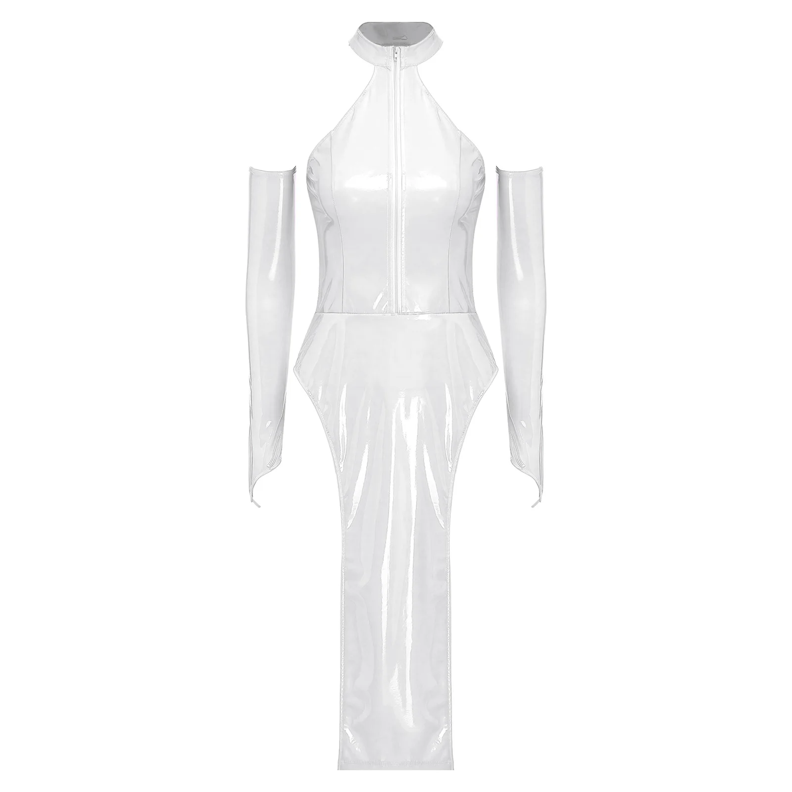 大人女性のセクシーなパテントレザーボディコンドレススタイリッシュなホルターハイスリットドレスビキニブラジャーカバーアップランジェリー誘惑寝間着