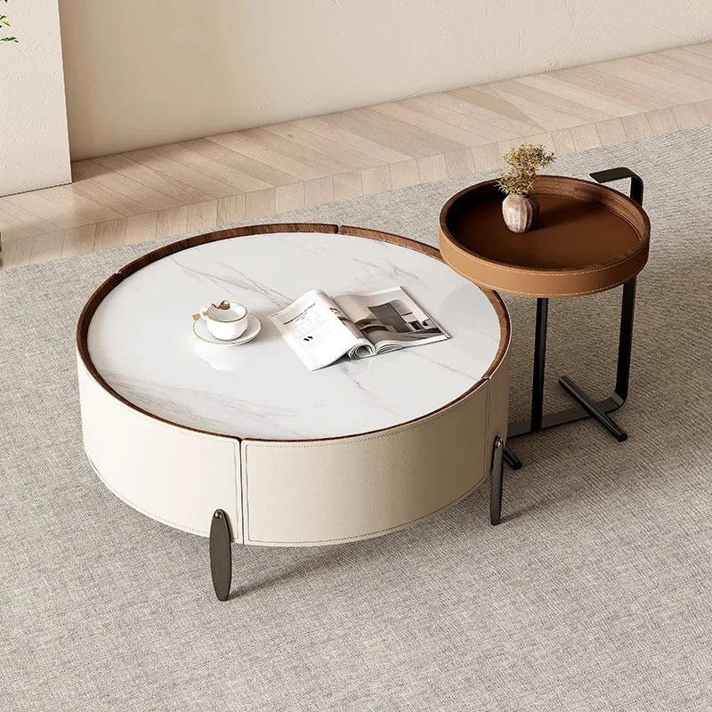 

Saddle Leather Coffee Table Italian Design Modern Creative Coffee Table Round Rock Slab Living Room Furniture Salongbord XYCJ