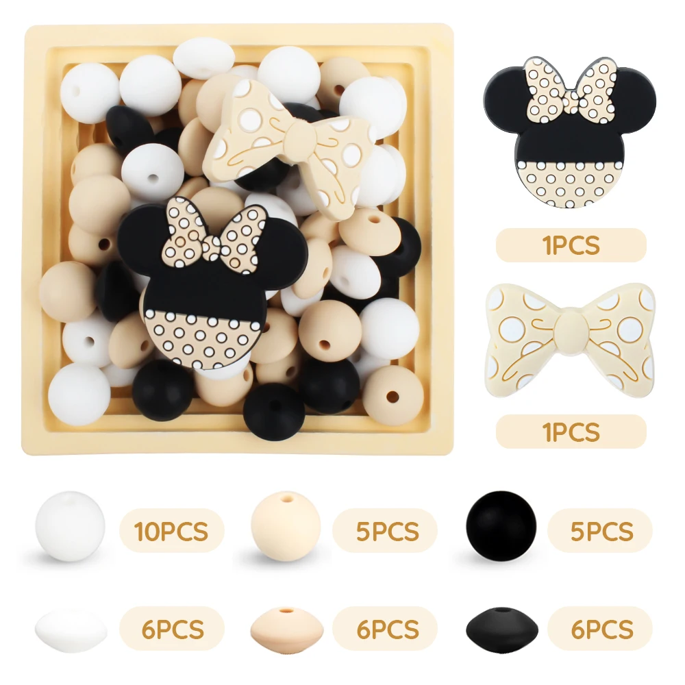 40Pcs Mouse Silicone Beads Set BPA Free Spacing Loose Beads Set DIY KeyChain Chain Necklace Bracelet Jewellery Accessories