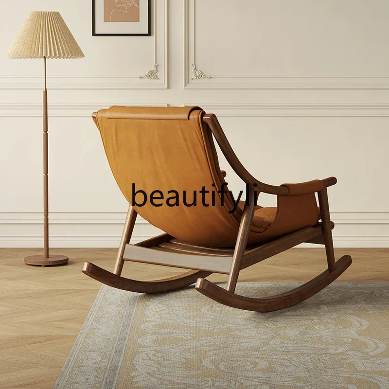 

Solid wood leather rocking chair recliner living room rocking chair balcony bedroom lazy sofa rocking chair