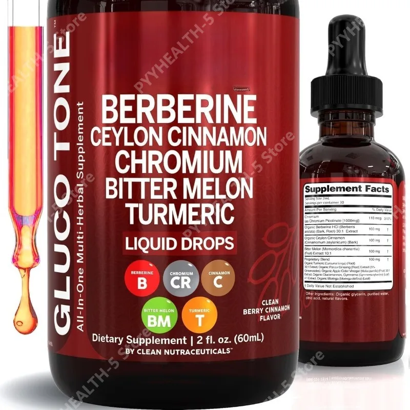 Berberine with Ceylon Cinnamon Supplement Liquid Drops + Bitter Melon Extract, Glucomannan, Gymnema, Chromium, Turmeric 60ml