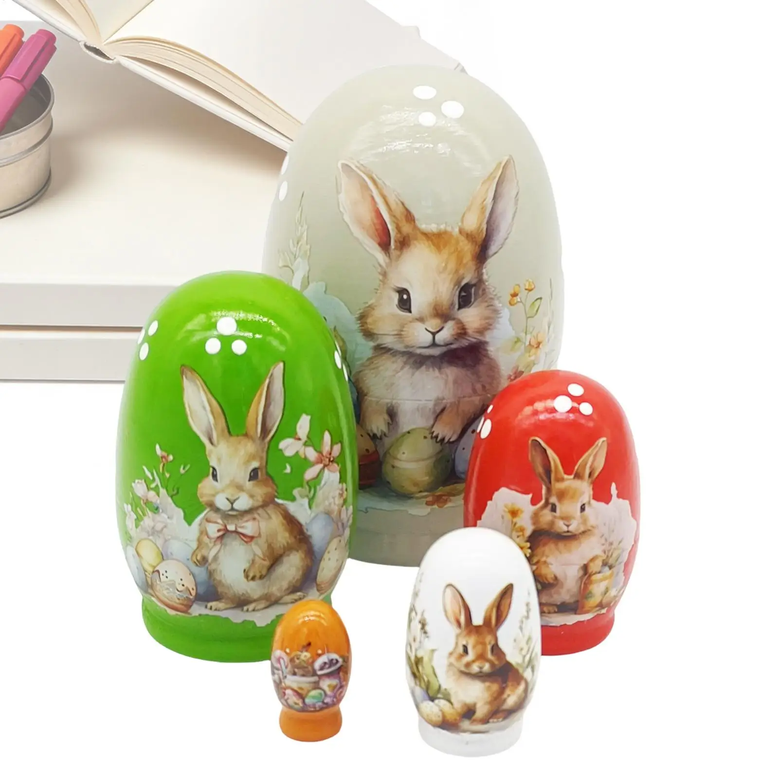 5 Piece Easter Bunny Nesting Dolls Wooden Spring Rabbit Matryoshka Set Cute Carrot Decor Rabbit Nesting Dolls for Mantel Shelf