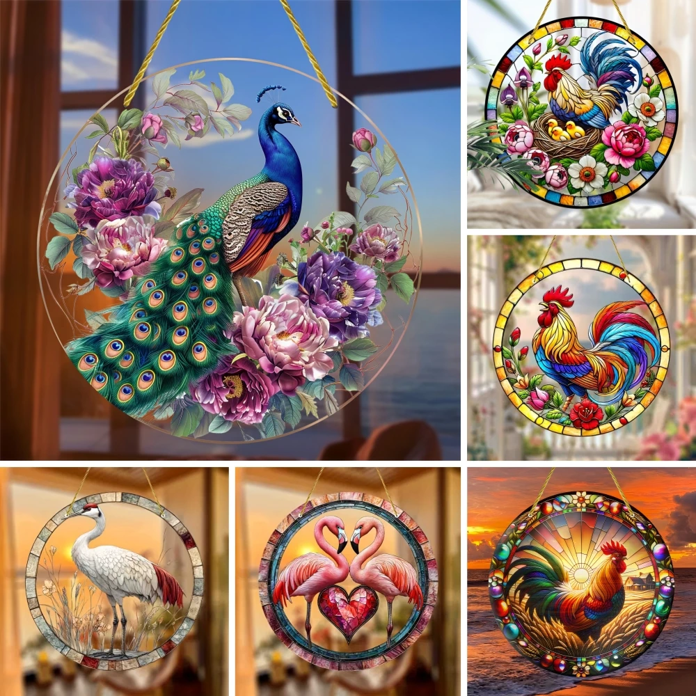 Cute Animals Rooster Suncatcher, Art Stained Window Hanging, Sun Catcher,Sunshade,Animals Lover Gift, Acrylic Round Garland Sign