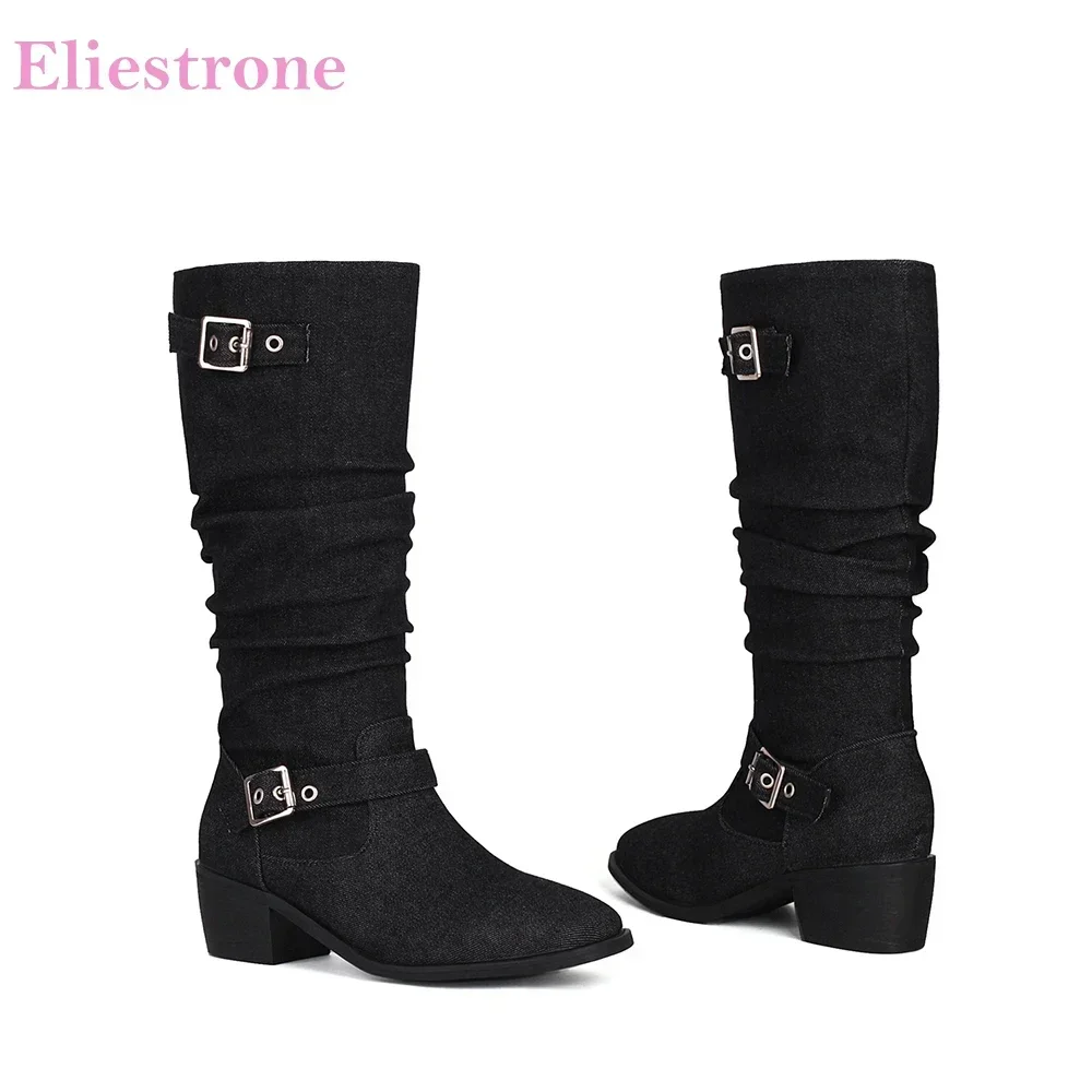 

Новые зимние удобные черные, синие женские ботинки до середины икры, женская обувь на среднем квадратном каблуке, маленькие большие размеры 33, 12, 43 46 48