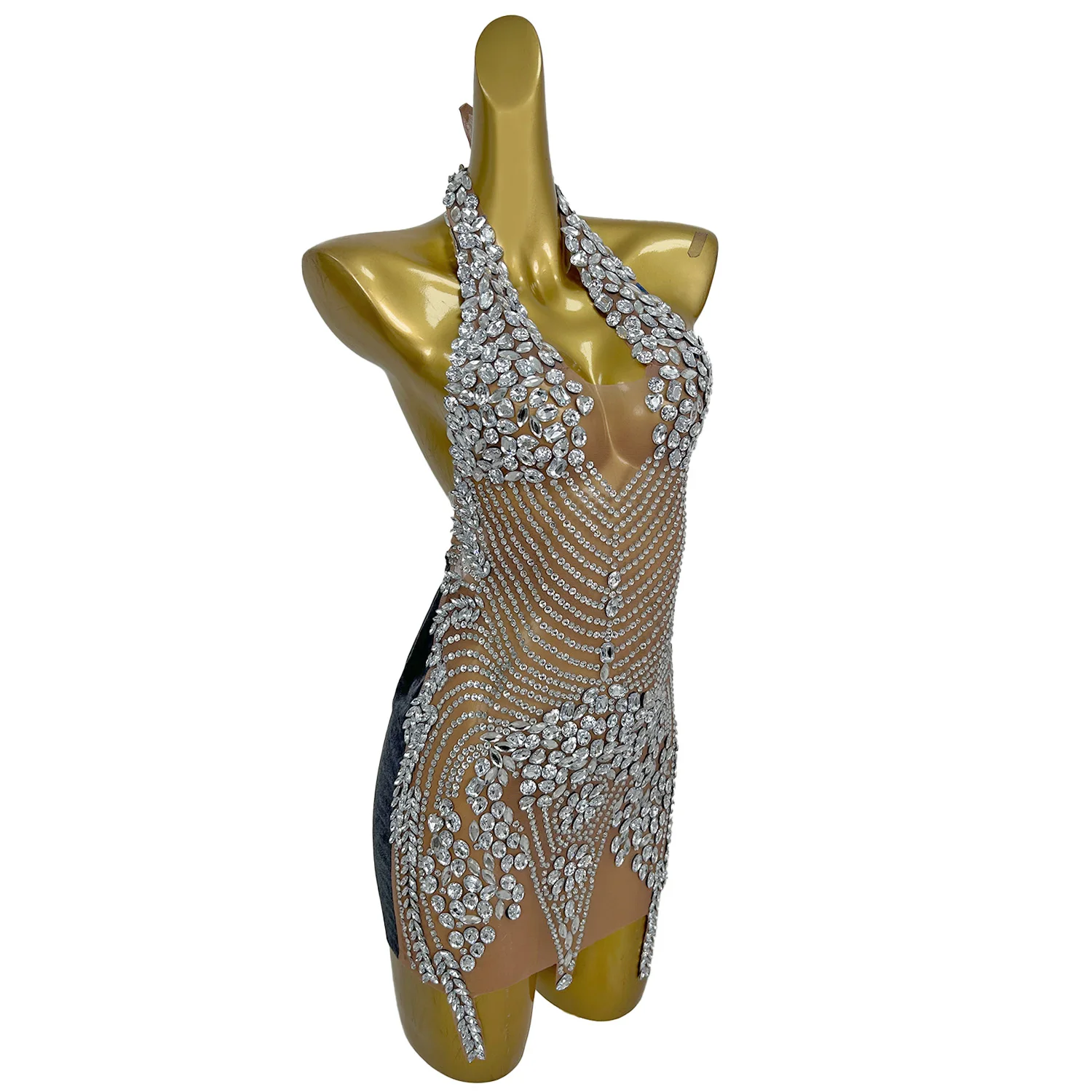 

Sexy Transparent Diamond Night Club Party Mini Dress Ladies Festival Costume Women Halter Backless Cocktail Prom Sheath Dress