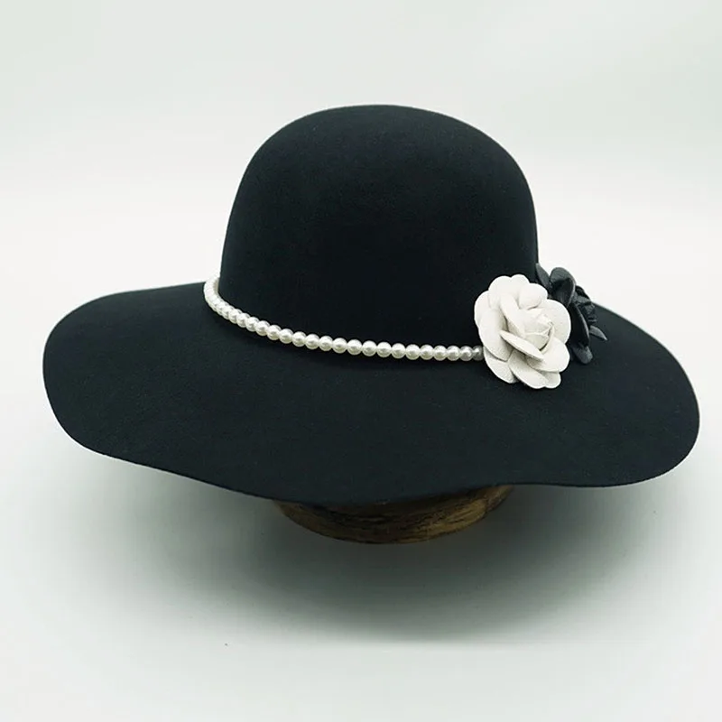 Women Black Fedora Hat Wool Felt Ladies Hats Winter Floppy Brim Flower Fedoras Perals Band Church Wedding Dress Fascinator Hat