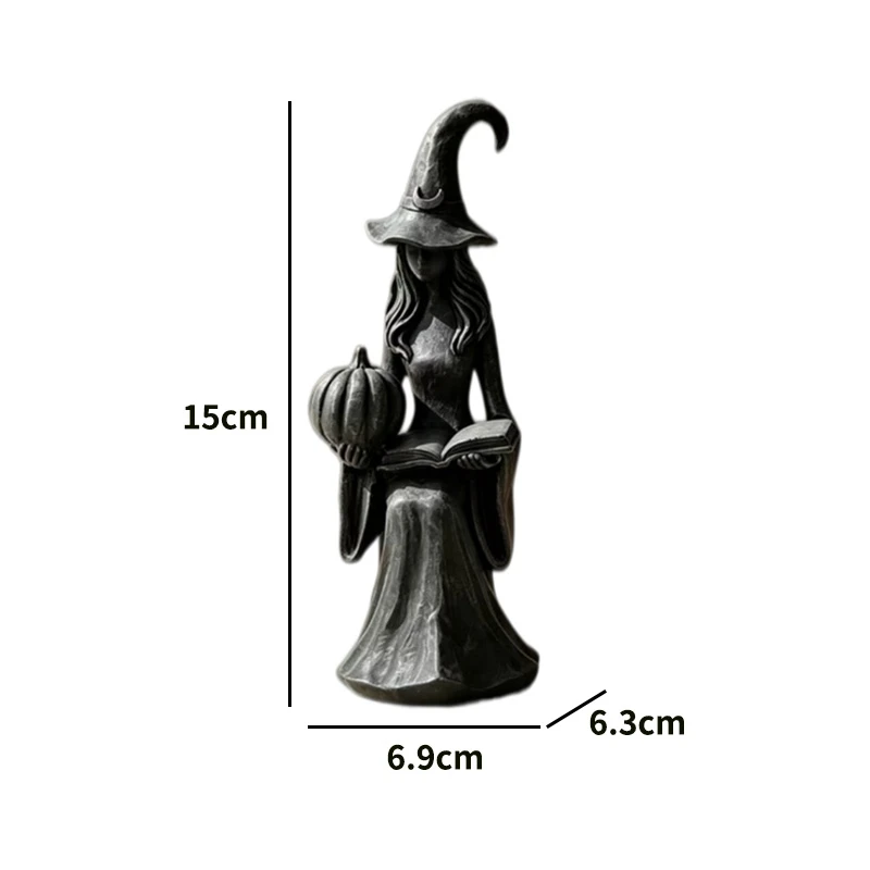 Gothic Black Witch Figurine With Pumpkin & Magic Book Resin Statue Halloween Desktop Decoration Dark Witchcraft Craft Ornament