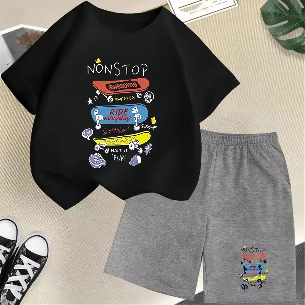 

Summer Fashion Design Skateboard Print Funny Children's T-shirt Sets Casual Korean Tops Set Shorts 2pcs Set Kid Boys Girl Outfit