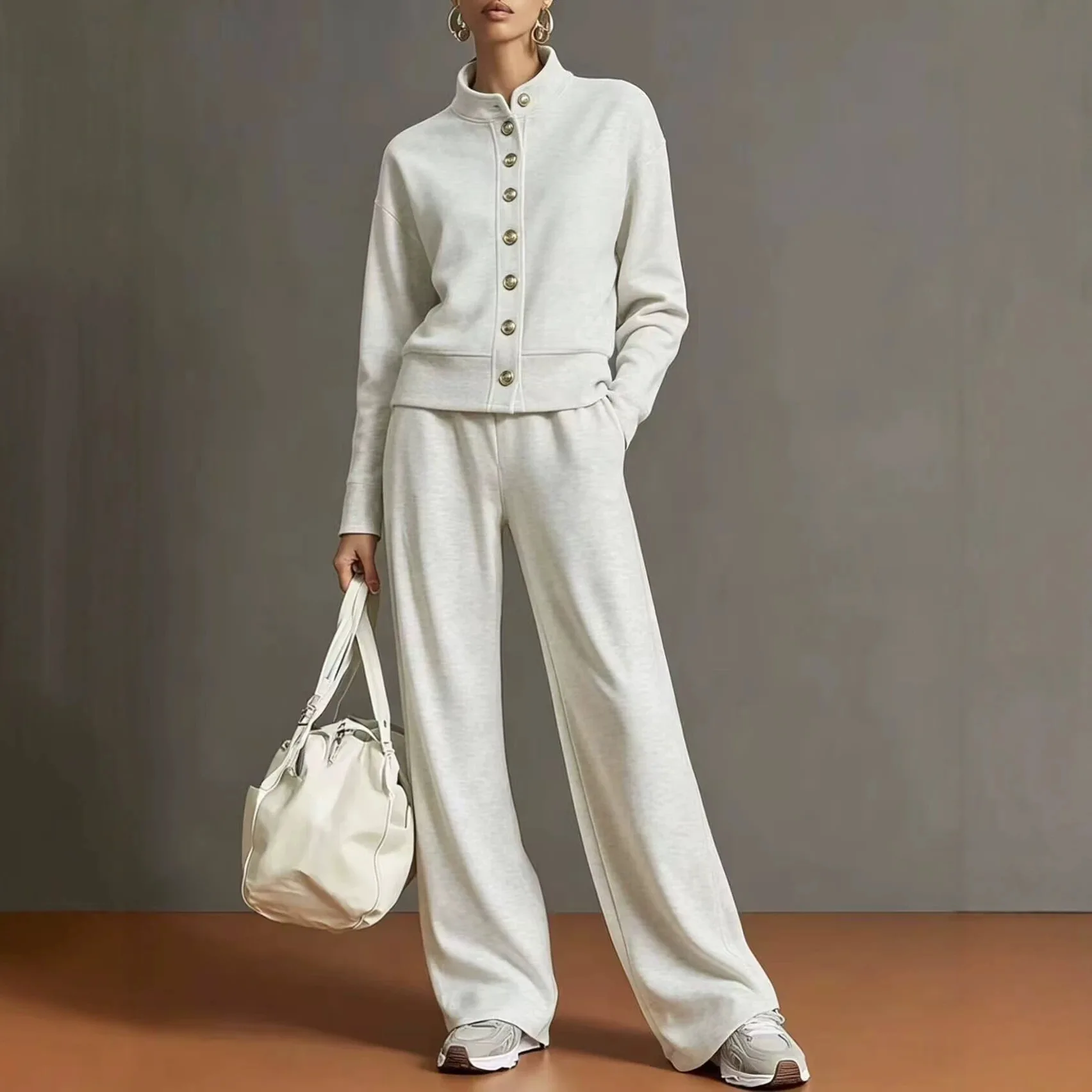 Women Stand Collar Button Cardigan Two Piece Set Long Sleeve Loose Jacket High Waist Wide Leg Sweat Pants Casual Tracksuit Set