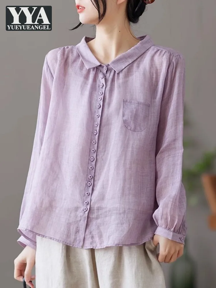 

Summer Lightweight Long Sleeve Women Solid Color Casual Shirt Single Breasted Vintage Harajuku Tops Loose Linen Shirts Female