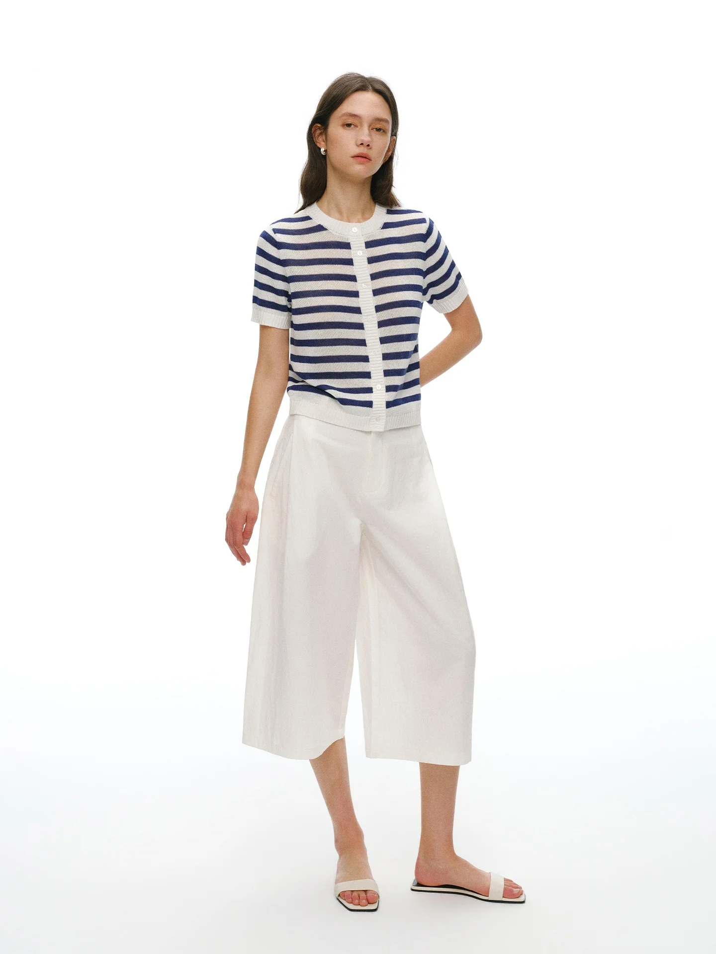 

NANCYLILI Spring New Nautical Stripe ort Sve Knitted Open Cardigan Women's Proper oulder Slim ort Length Top