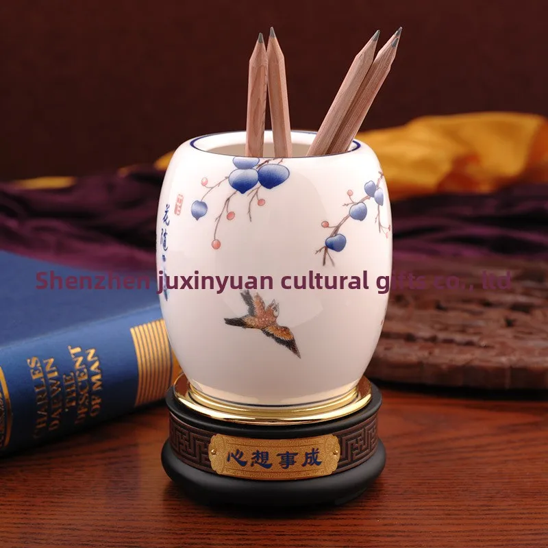 360 Degree Rotating Blue and White Porcelain Pen Holder Round Ceramic Desk Organizer Chinese Style Office Decoration Business