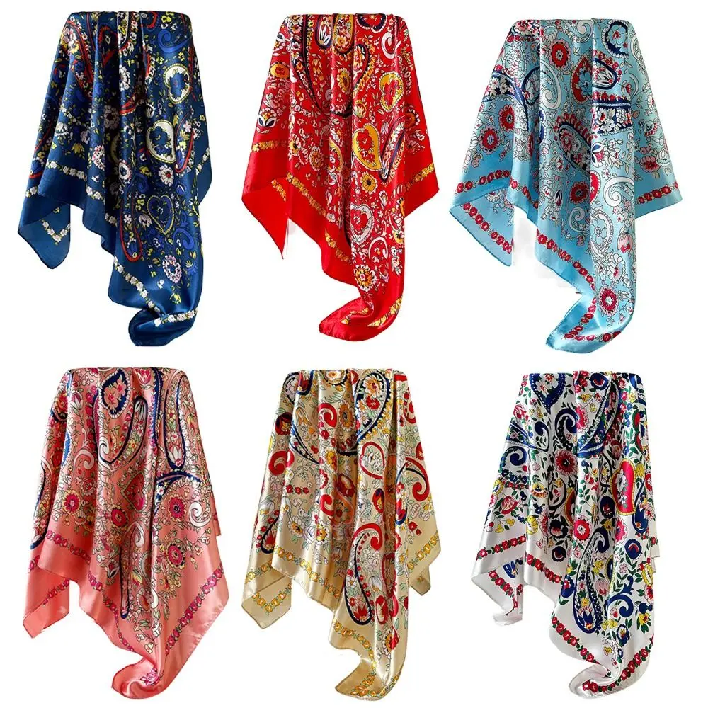 

Fashion 90*90cm Satin Square Scarf Cashew Printed Imitation Silk Shawl Wrap Luxury Hair Band Head Covering