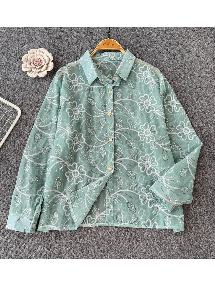 

Women Spring Shirt Korean Version 2025 New Retro Ethnic Style Embroidered Loose Slimming Versatile Sequin Top Jacket BL109