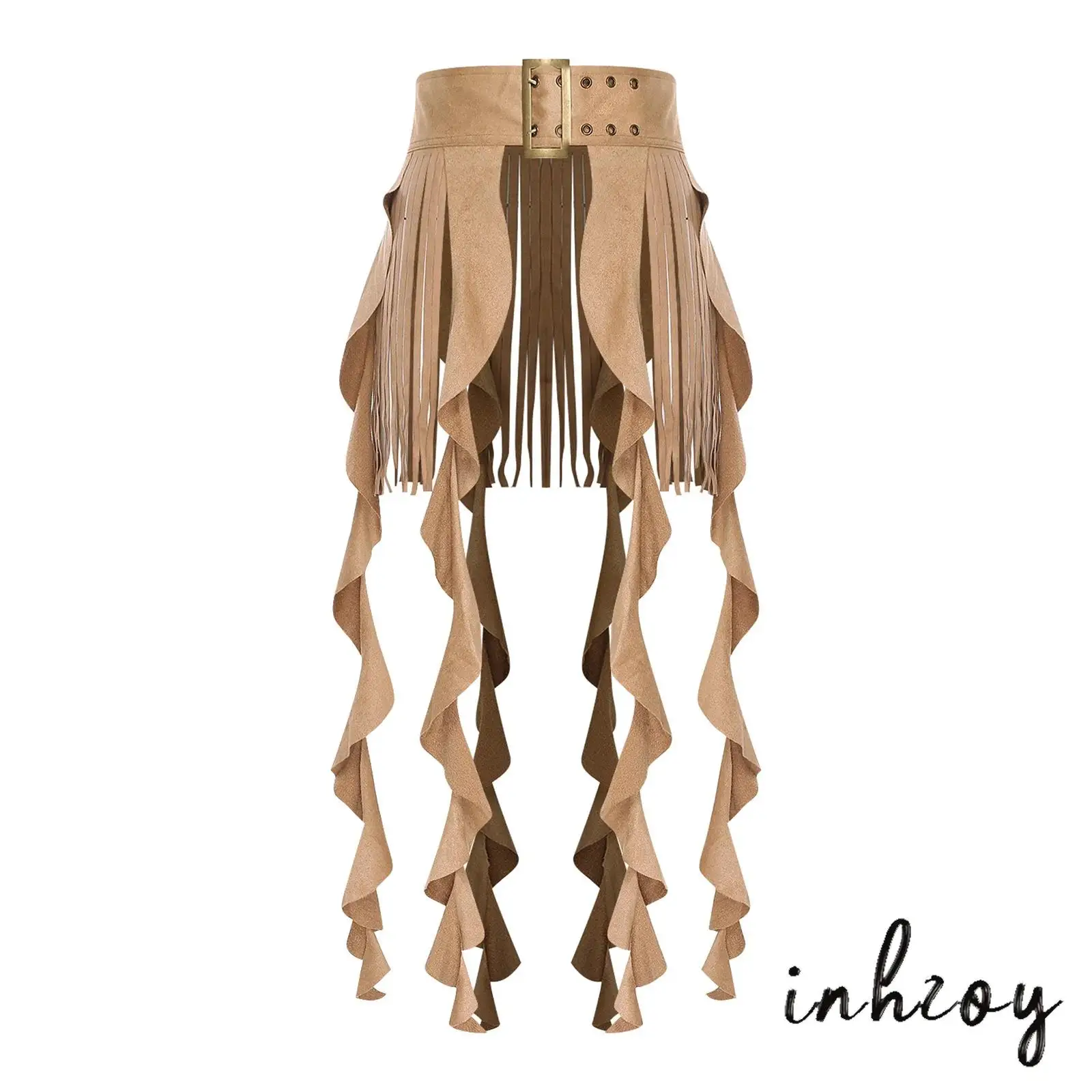 

Women Cowgirl Tassel Waist Belt Skirt Buckled Adjustable Waistband Fringe Cascading Ruffled Skirt Layering Accessories Clubwear