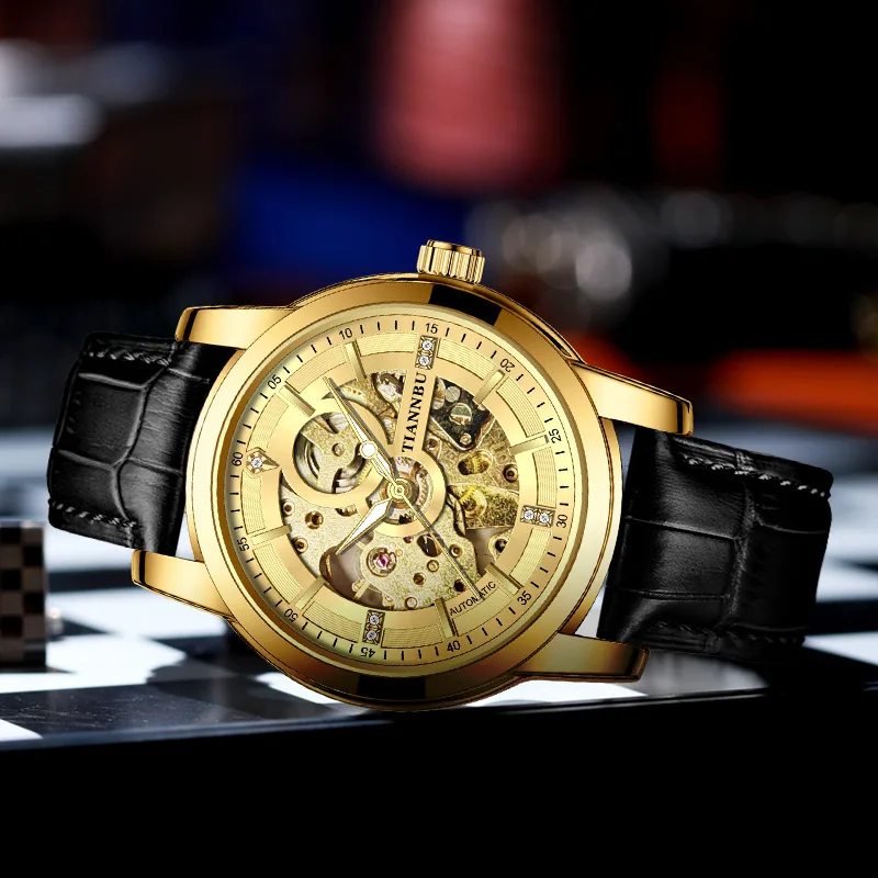 Men's Gold Skeleton Mechanical Watch Premium Leather Strap Automatic Self-Wind Wristwatch Luxury Fashion Business Timepiece