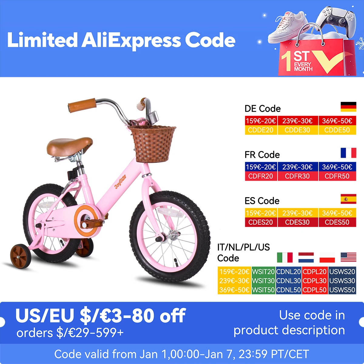 US warehouse Kids Bike 12 14 16Inch Bicycle for Boys Girls Ages 3-9 Years, Multiple Colors