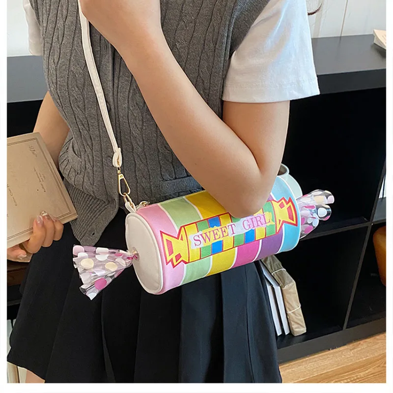 

Cute Colorful Striped Crossbody Bag Barrel-shaped Women's Bag Funny Purses for Women Handbag Harajuku Candy Shaped Shoulder Bag
