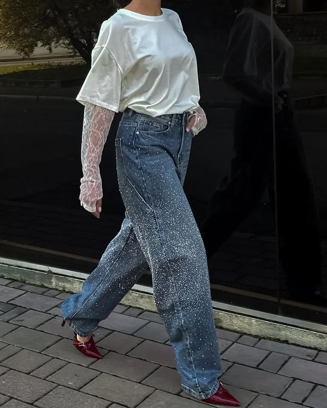 CPSYMYM Fashion Rhinestones Jeans Women Loose Pocket Versatile Zipper Low Waist Straight Denim Trousers Female  Spring Streetwea