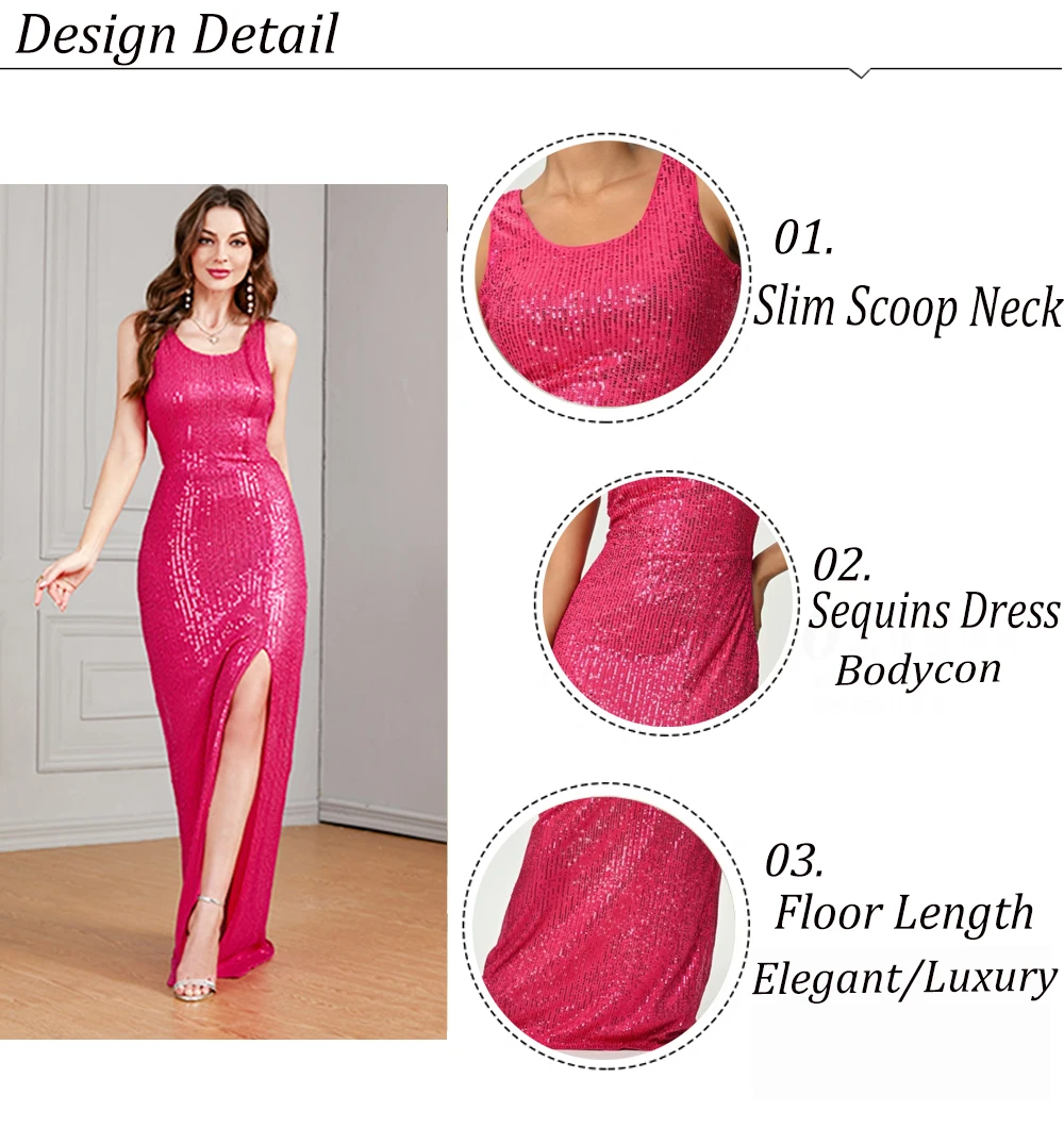 VITRCHP Women Sequin Long Prom Dress V Neck Rose Red Sequin Evening Dress Sexy Party Mermaid Sparkling Maxi Dress