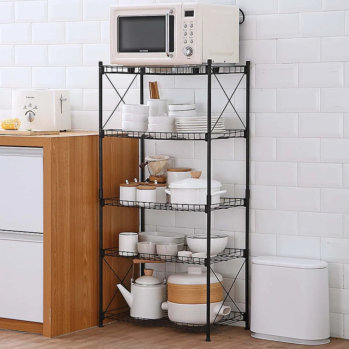 4/5 Tier Wire Shelves Heavy Duty Adjustable Kitchen Storage Wire Shelf Shelving Rack Microwave Stand with 4 Hooks Leveling Feet