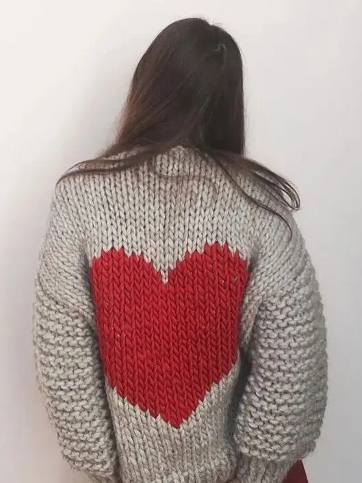 Women's Hand Woven Thick Stick Needle Back Heart Shaped Pattern Small Short Cardigan Sweater, 100% Pure Wool Jacket