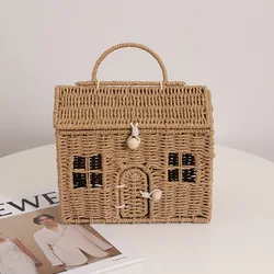 Moda rattan borse a tracolla da donna borse cartoon little house borsa a tracolla intrecciata in vimini borsa da spiaggia estiva in paglia borse da donna