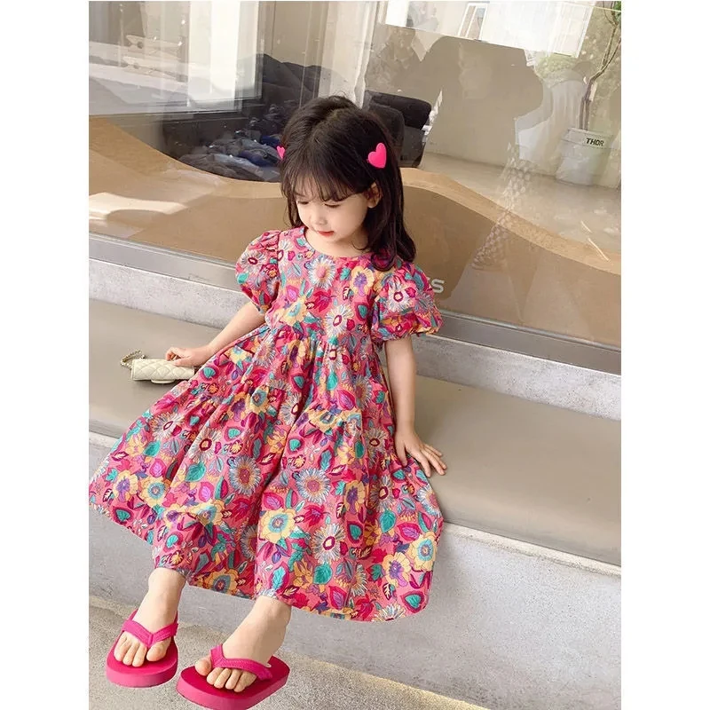 Summer Kids Floral Dresses for Girls Korean Loose Casual Dress Girl Clothing Cute Children Toddler Baby Girl Princess Dress 6 8