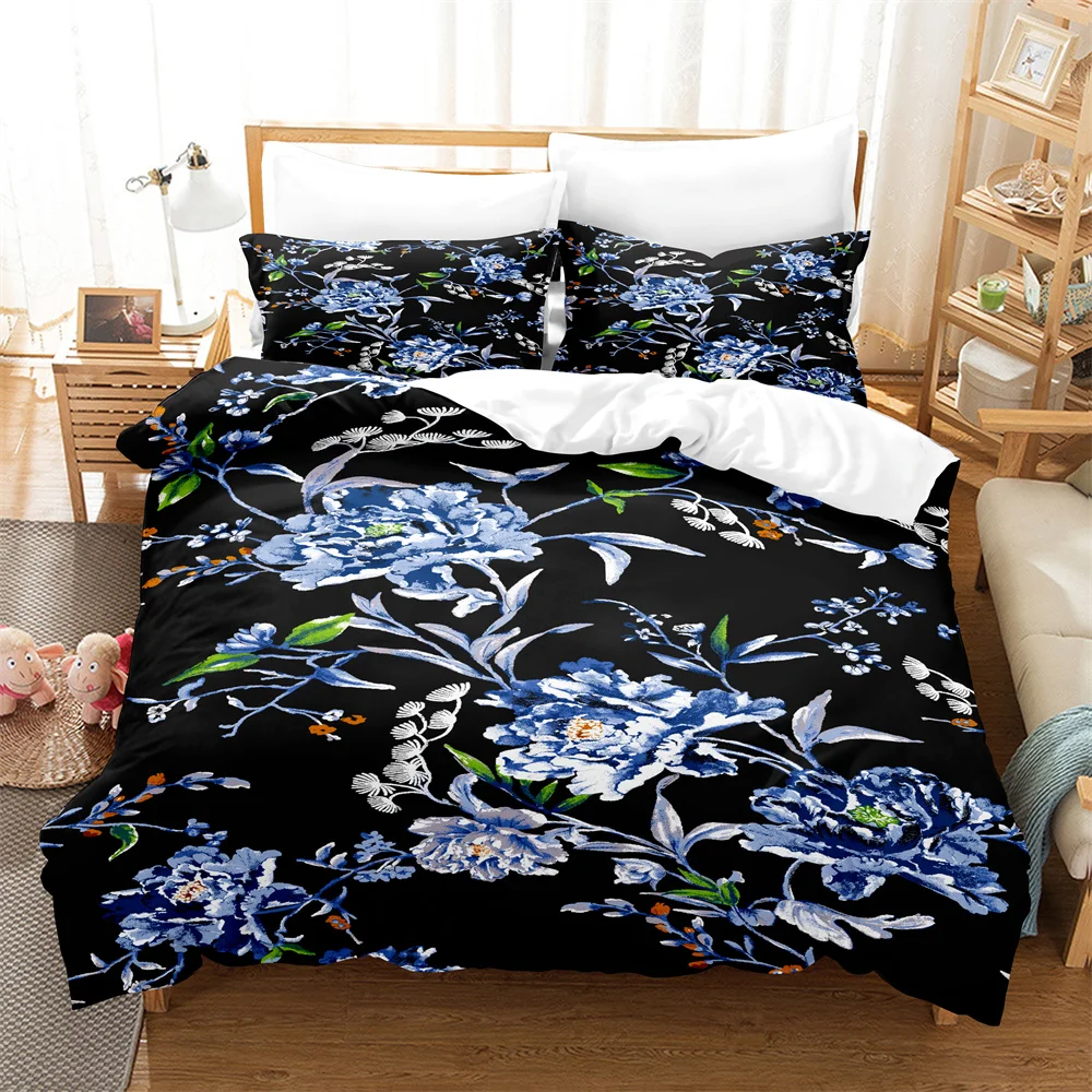 

3PCS Blue flower Bedding Sets Home Bedclothes Super King Cover Pillowcase Comforter Textiles Bedding Set