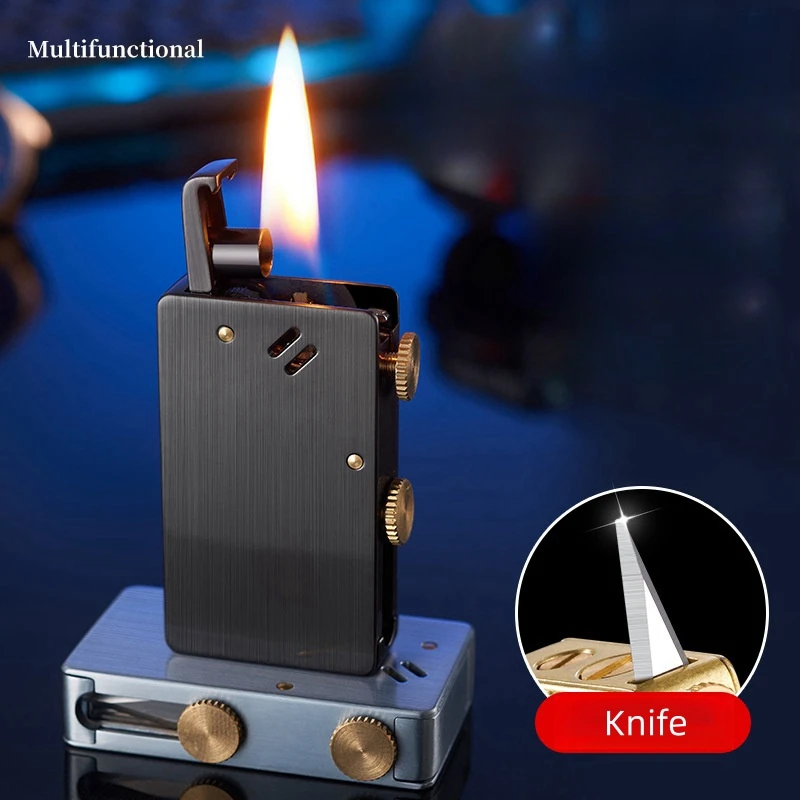 Vintage Retro Kerosene Lighter with Knife Creative Press One Button Ignition Portable Grinding Wheel Lighters Smoking Men\'s Gift