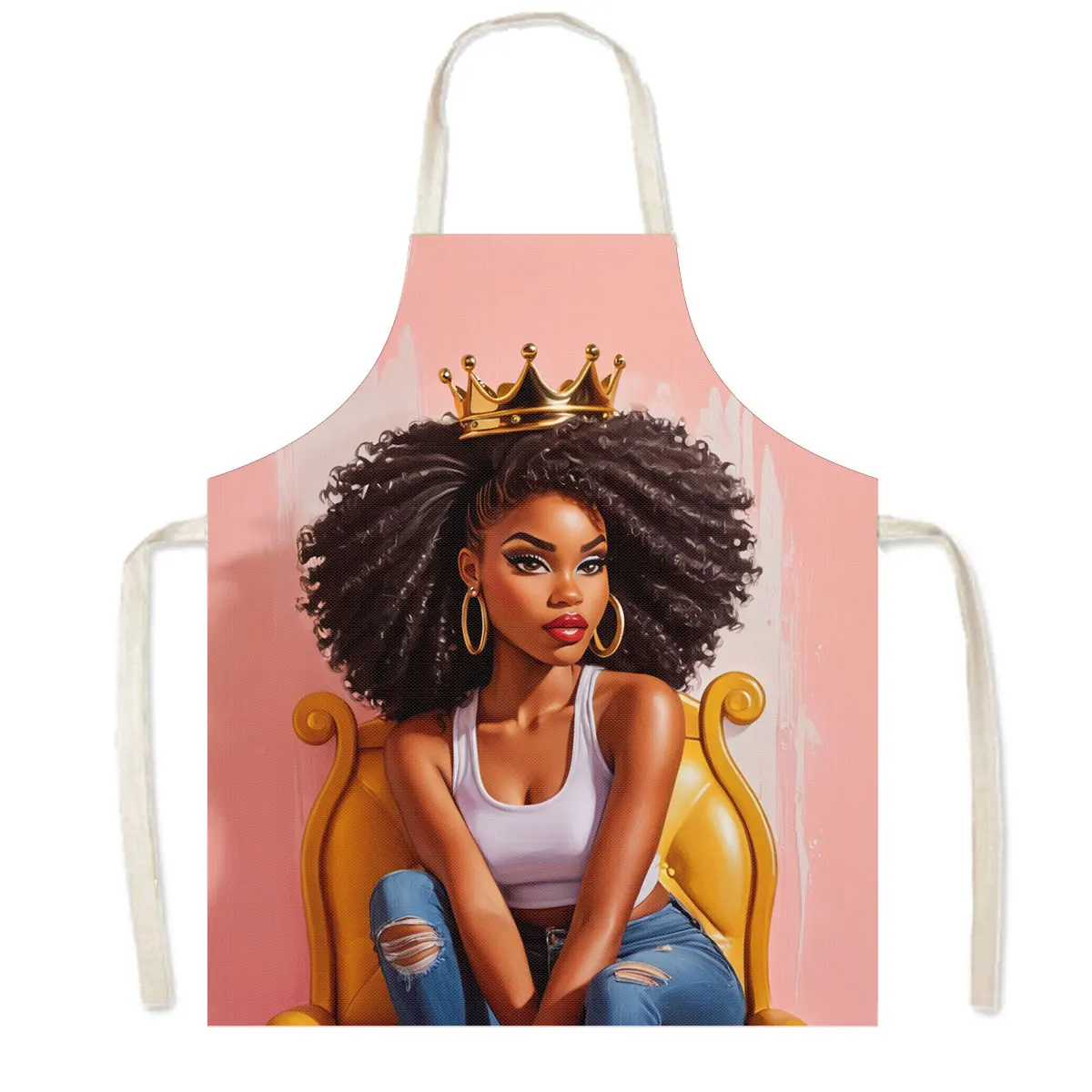 Black Women with Crown Print Kitchen Apron African Girl Pattern Baking Home Cleaning Clothing Chef Waiter Cooking Pinafore Gift