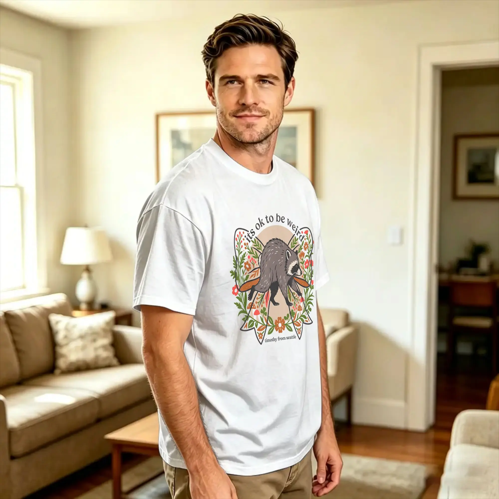 Timothy Seattle Raccoons Its Ok to Be Weird Floral Boho Arts Cotton T-Shirt For Man Summer  Vintage T Shirts Fashion Tee Shirt