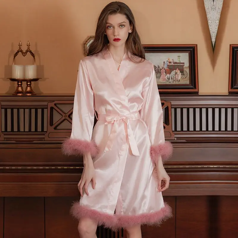 

Morning Robe Feather Nightgown Women's Summer Ice Silk Thin Girlfriends Sister Group Bathrobe Pajamas Silk Robe Bathrobe Women