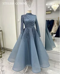 Luxury Haze Blue High Neck Evening Gowns Appliques Satin Muslim Prom Dress 2023 Long Sleeve Saudi Arabic Birthday Party Ball Gow