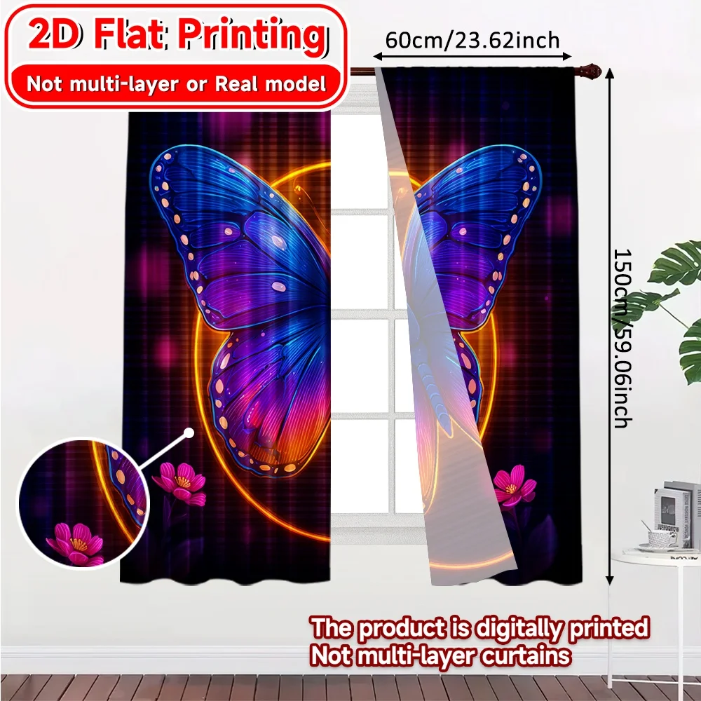 2D FLAT PRINTING 2pcs Curtains (Without Rod) Butterfly Heart with Flowers Holiday Easter Printed Curtains Machine Washable