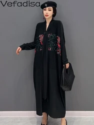 Vefadisa 2024 Spring Autumn New Black Printed Women Dresses V-neck Long Sleeved Loose Dress Elegant Fashion Dress ZXY898A