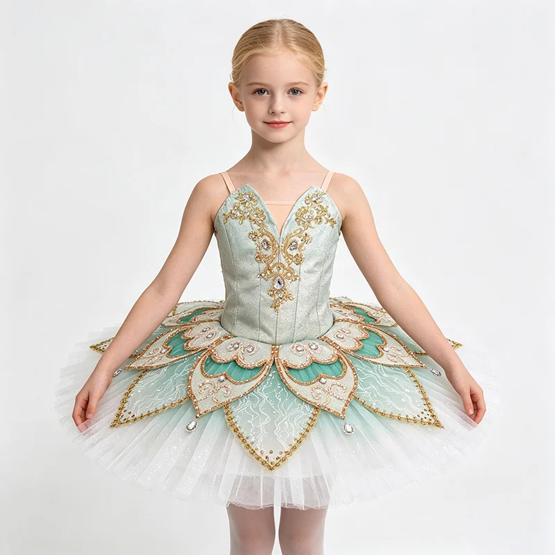 Womens Strapless V Neck Ballet Tutu Performance Dress Gold Thread Color Rhinestone Embroidery Double Lotus Leaf Trim Light Cyan