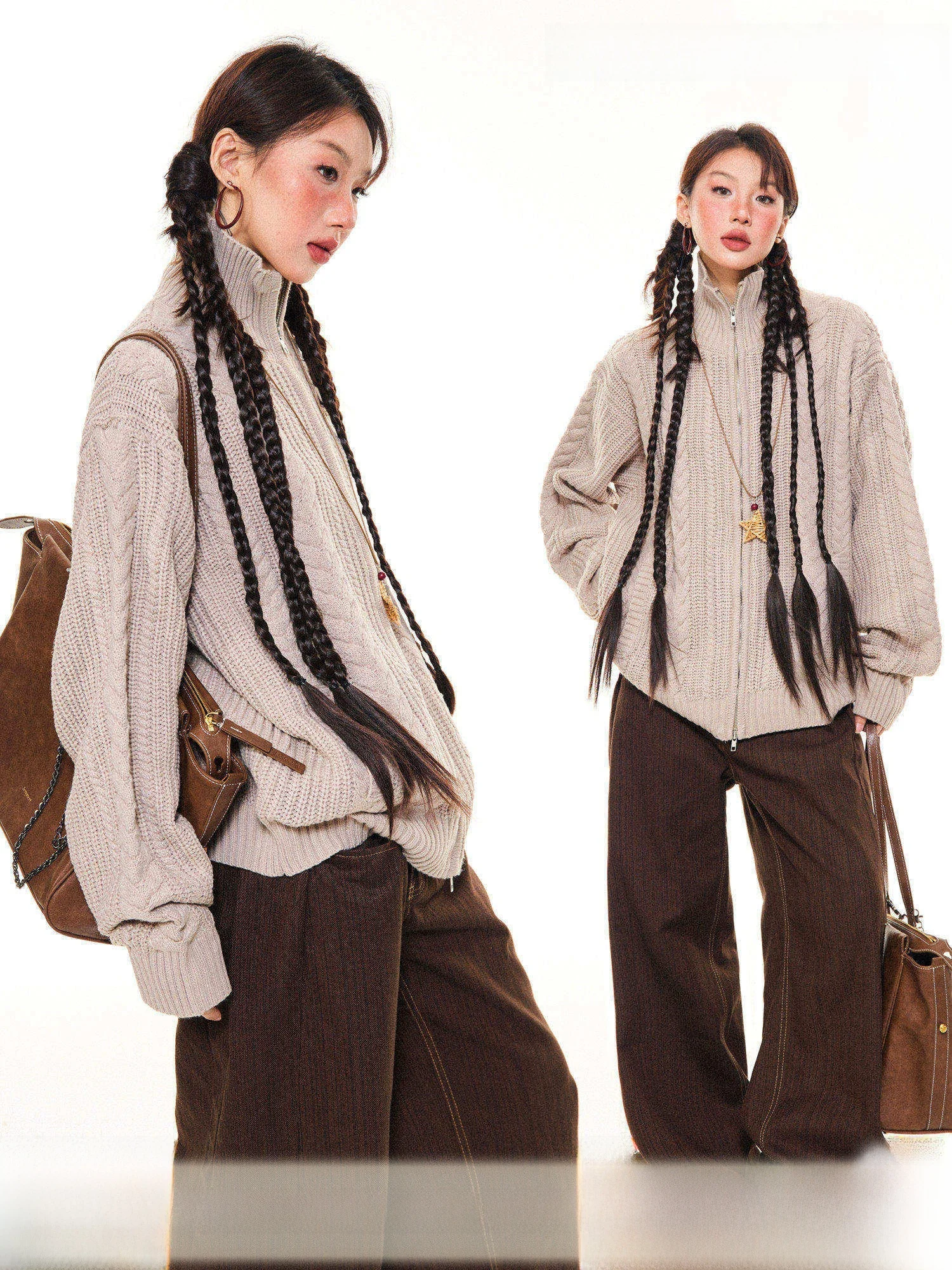 

American Retro High Collar Loose Women's Knitted Sweater Coat Autumn Season Street Sle Wheat Spike Braid Design Young Stage