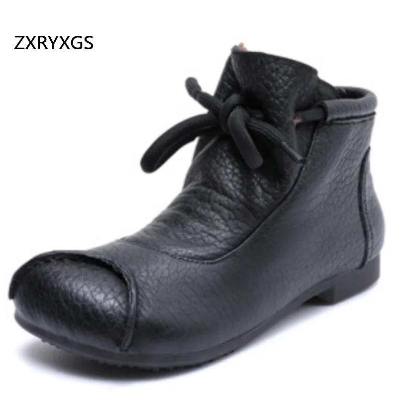 

ZXRYXGS Retro Style Full Real Leather Single Boots 2025 Light Comfort Warm Shoes Winter Boots Flat Soft Sole Women Short Boots