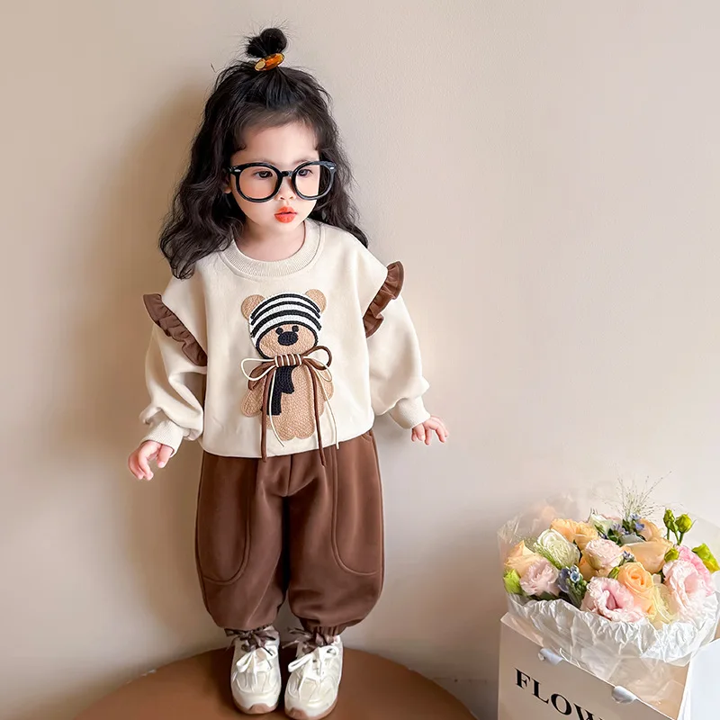 

Girls Suit 2025 Autumn New Children's Clothing Korean Style Girl Baby Fashion Cartoon Bear Lace Hoodie Pants Two-piece